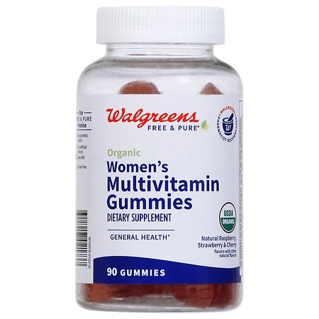 Walgreens Free & Pure Women's Organic Multivitamin Gummies Strawberry, Cherry, Raspberry - 90.0 ea
